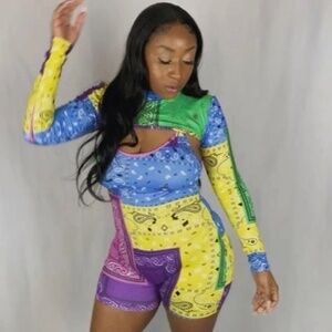 Colorblock Bandana Print Cutout Romper Set | Stretch Two-Piece Romper Outfit
